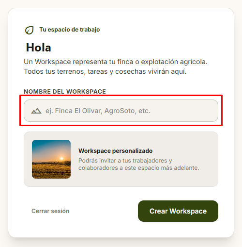 Formulario para crear un Workspace, con el campo para escribir su nombre.