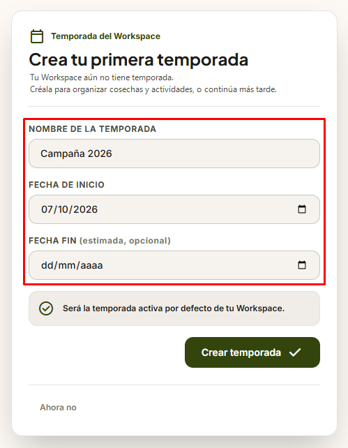 Formulario de creación de temporada con nombre, fecha de inicio, fecha final opcional y opción para dejarlo para más tarde.